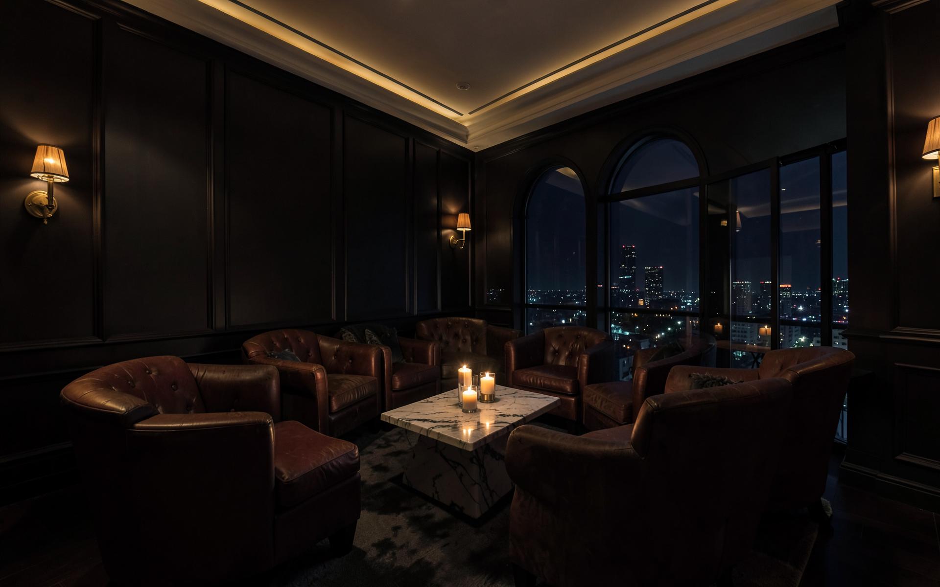 Salon privé du The Palace Business Club, fauteuils en cuir et lumière tamisée